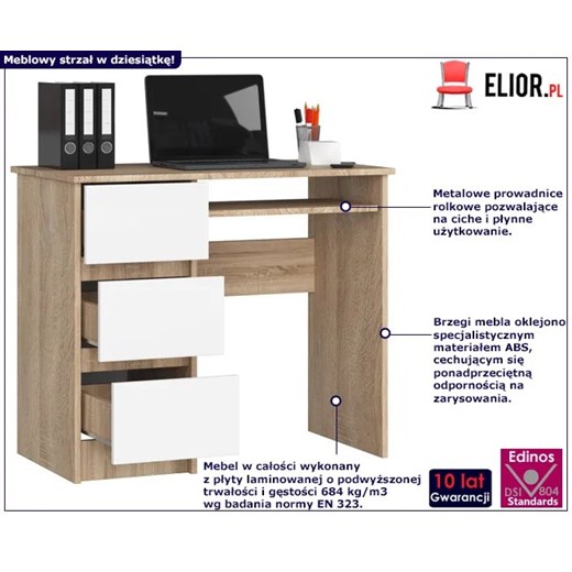 Biurko dla dzieci i młodzieży dąb sonoma + biały - Miren 3X Elior One Size Edinos.pl