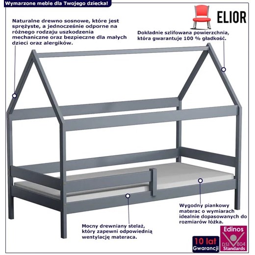 Szare łóżko dla dziecka w kształcie domku - Petit 3X 160x80 cm Elior One Size Edinos.pl