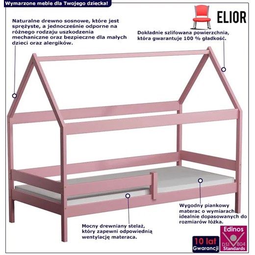 Różowe dziecięce drewniane łóżko domek - Petit 3X 180x90 cm Elior One Size Edinos.pl