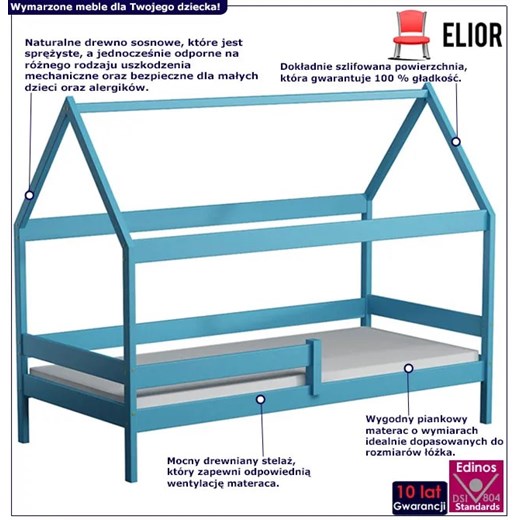 Niebieskie sosnowe łóżko domek z materacem - Petit 3X 190x80 cm Elior One Size Edinos.pl