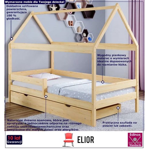 Łóżko domek dla dzieci z szufladą i materacem, sosna - Petit 4X 180x80 cm Elior One Size Edinos.pl