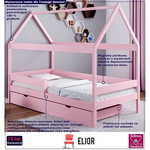 Różowe łóżko przypominające domek z szufladą - Petit 4X 190x80 cm Elior One Size Edinos.pl