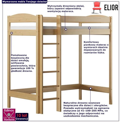 Piętrowe łóżko z materacem dla dziecka, sosna - Igi 4X 180x90 cm Elior One Size okazja Edinos.pl
