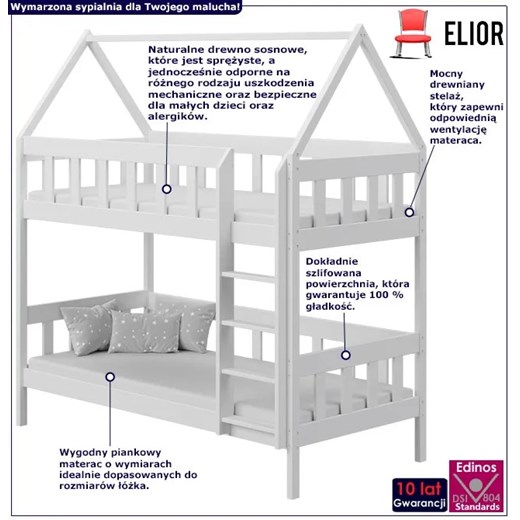 Białe sosnowe piętrowe łóżko domek z materacami - Gigi 3X 200x90 cm Elior One Size Edinos.pl