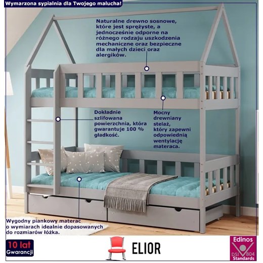 Szare łóżko piętrowe domek z szufladami materacami dla dzieci - Gigi 4X 190x80 Elior One Size Edinos.pl