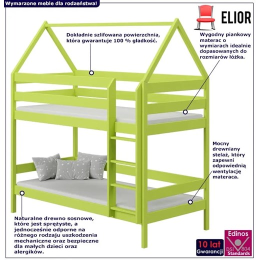 Zielone skandynawskie piętrowe łóżko dla dzieci typu domek - Zuzu 3X 180x80 cm Elior One Size Edinos.pl