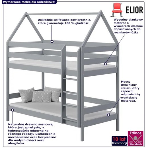 Szare łóżko piętrowe domek 2-osobowe z materacami - Zuzu 3X 180x90 cm Elior One Size Edinos.pl