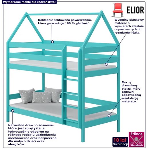 Drewniane skandynawskie piętrowe łóżko dziecięce domek, turkus - Zuzu 3X 180x90 Elior One Size Edinos.pl