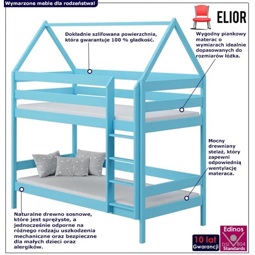 Niebieskie drewniane łóżko piętrowe domek dla dwójki dzieci - Zuzu 3X 200x90 cm Elior One Size Edinos.pl