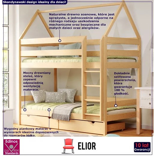 Łóżko piętrowe domek drewniane z szufladami, sosna - Zuzu 4X 160x80 cm Elior One Size Edinos.pl