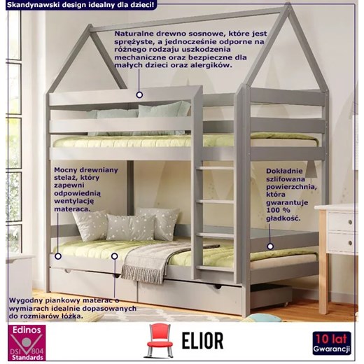 Szare 2-osobowe piętrowe łóżko domek dla rodzeństwa z szufladami - Zuzu 4X Elior One Size Edinos.pl