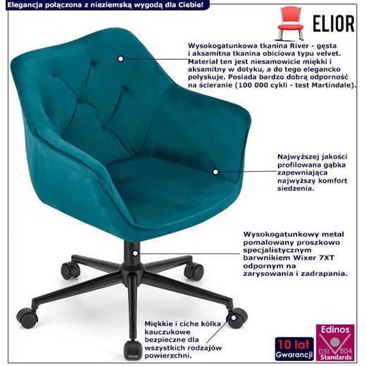 Zielony welurowy fotel biurowy obrotowy - Roco Elior One Size Edinos.pl