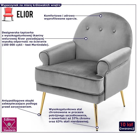 Szary welurowy fotel wypoczynkowy w stylu glamour - Morti Elior One Size Edinos.pl