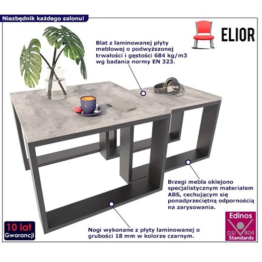 Industrialny zestaw stolików kawowych beton + czarny  - Juna 3X Elior One Size wyprzedaż Edinos.pl