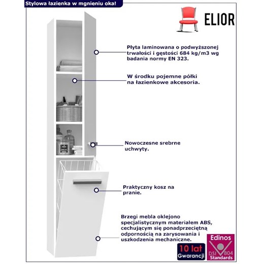Słupek łazienkowy z pojemnikiem na pranie biel połysk - Merimo 6X Elior One Size promocyjna cena Edinos.pl