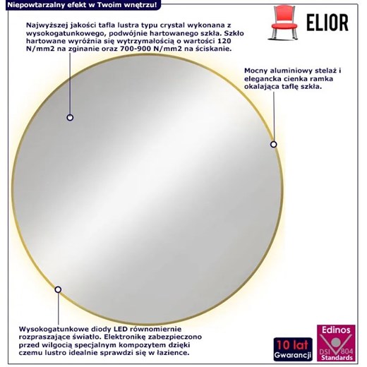 Złote okrągłe lustro podświetlane wiszące - Krega 6 rozmiarów Elior One Size Edinos.pl