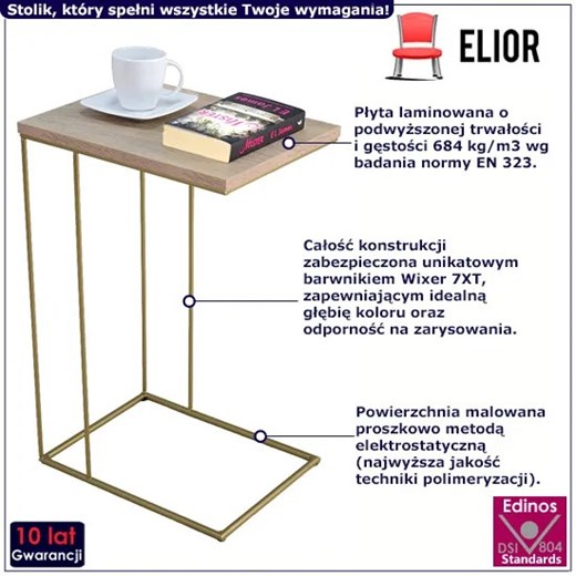 Minimalistyczny stolik pomocniczy dąb sonoma + złoty- Texti 4X Elior One Size Edinos.pl