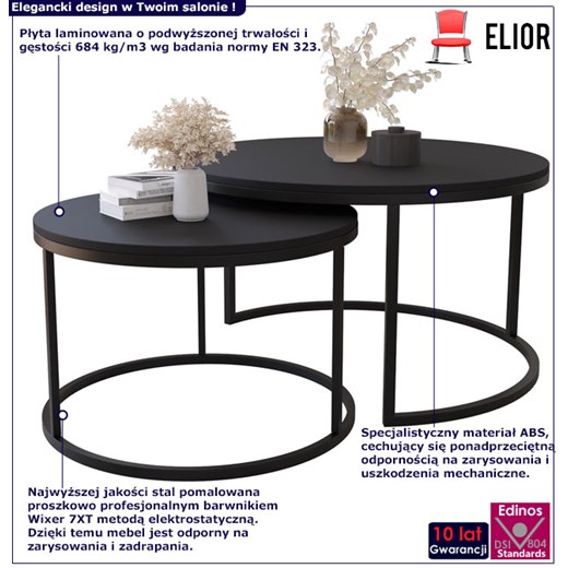 Komplet 2 czarnych okrągłych stolików kawowych - Onrero 3X Elior One Size Edinos.pl