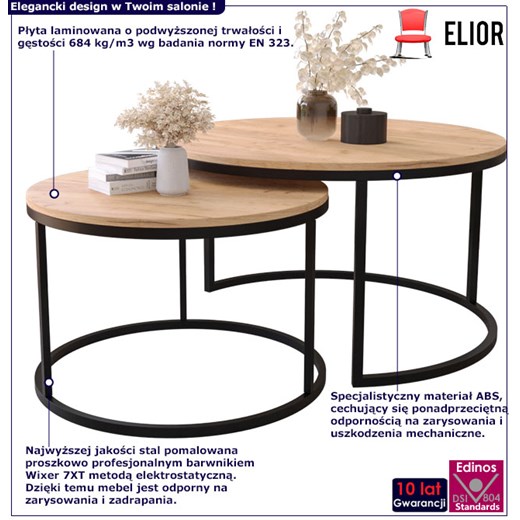 Zestaw 2 okrągłych stolików w stylu loft dąb craft złoty - Onrero 3X Elior One Size Edinos.pl