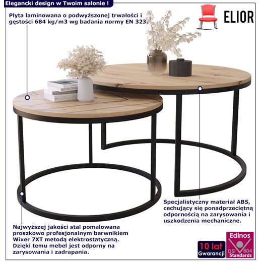 Komplet 2 okrągłych stolików metalowych dąb artisan + print - Onrero 4X Elior One Size Edinos.pl