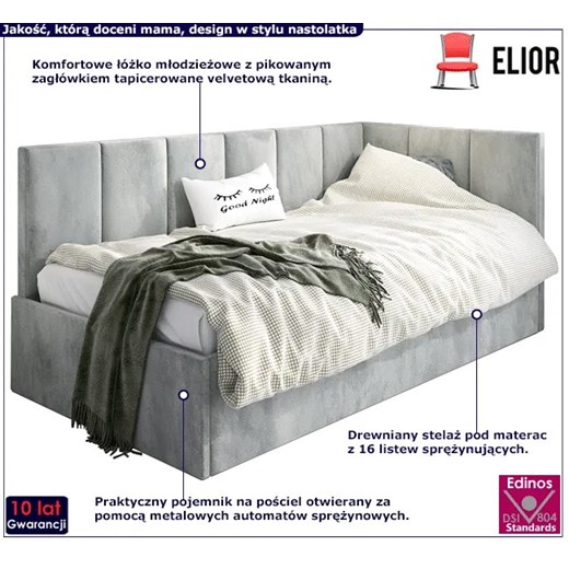 Tapicerowane łóżko młodzieżowe 80x200 - popiel - Barnet 3X Elior One Size okazja Edinos.pl