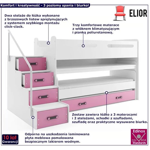 Biało-różowe łóżko dla dziewczynek z biurkiem - Ilos Elior One Size Edinos.pl