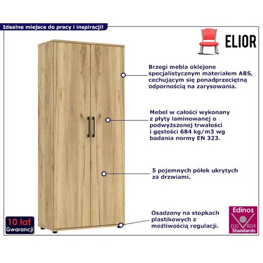 Wysoki dwudrzwiowy regał biurowy dąb craft - Klemir Elior One Size promocja Edinos.pl