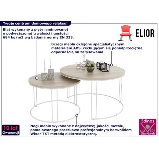 Dwa stoliki druciane w zestawie biały + dąb sonoma - Olona 5X Elior One Size Edinos.pl
