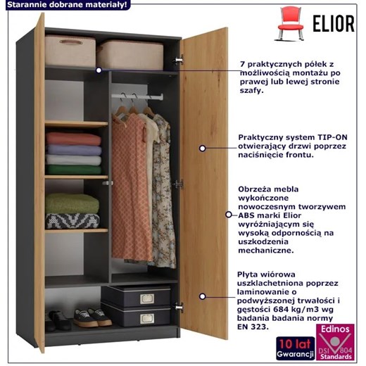 Szafa ubraniowa z półkami i drążkiem dąb artisan + antracyt - Desis Elior One Size Edinos.pl
