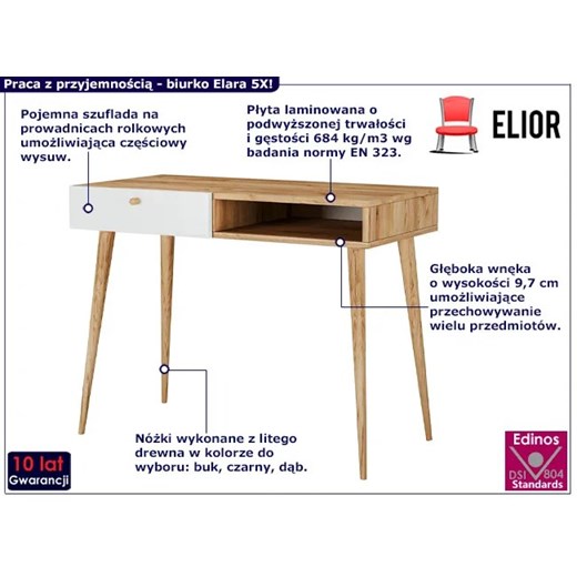Biurko z szufladą w stylu skandynawskim dąb craft + biały - Elara 5X Elior One Size wyprzedaż Edinos.pl