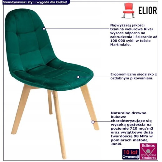Zielone pikowane krzesło welurowe do stołu - Oder Elior One Size wyprzedaż Edinos.pl