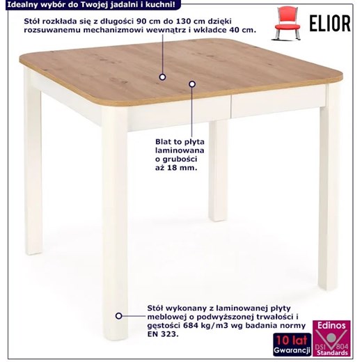 Skandynawski stół kwadratowy rozkładany dąb artisan + biały - Funis Elior One Size Edinos.pl