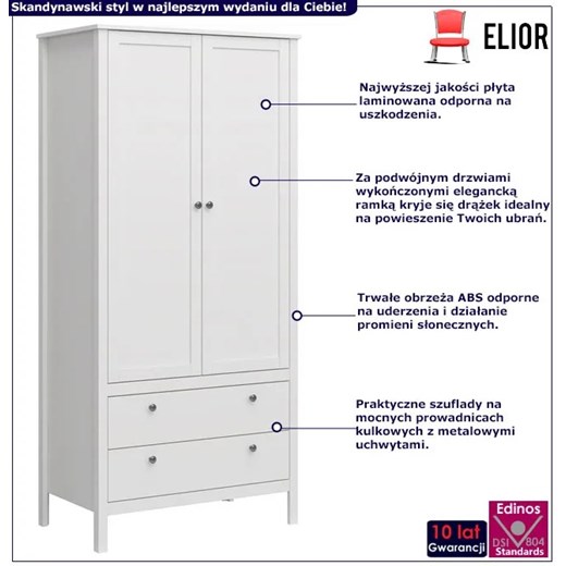 Biała szafa dwudrzwiowa na nóżkach z 2 szufladami - Jasaro 13X Elior One Size Edinos.pl