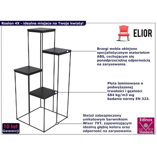 Czarny industrialny kwietnik z metalowym stelażem - Roslon 4X Elior One Size Edinos.pl