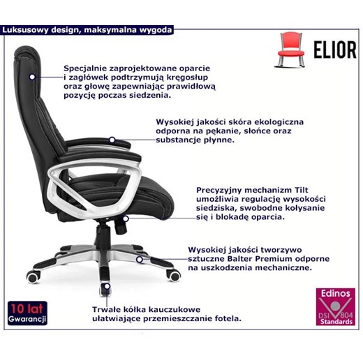 Czarny obrotowy fotel gabinetowy ze skóry ekologicznej - Frax Elior One Size Edinos.pl