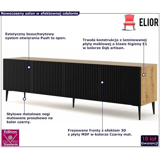 Szafka na TV dąb artisan z czarnym lamelowym frontem - Livorno 12X Elior One Size okazyjna cena Edinos.pl