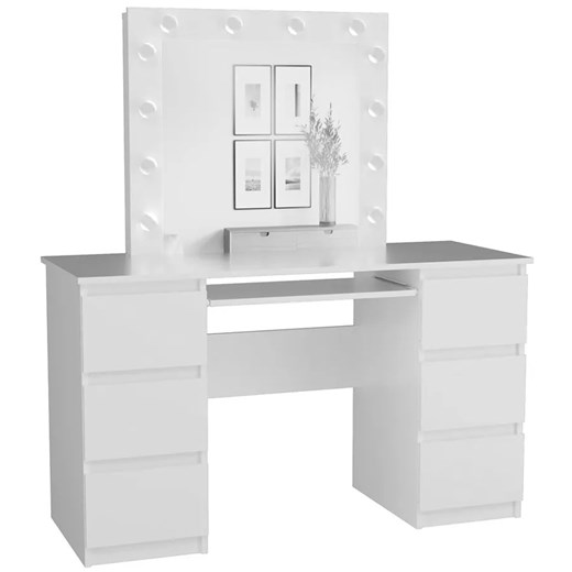 Białe biurko toaletka z szufladami i lustrem scenicznym - Lotaro 6X ze sklepu Edinos.pl w kategorii Toaletki - zdjęcie 172227570