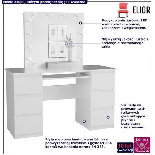 Biała toaletka z szufladami i lustrem scenicznym - Lotaro 6X Elior One Size okazyjna cena Edinos.pl