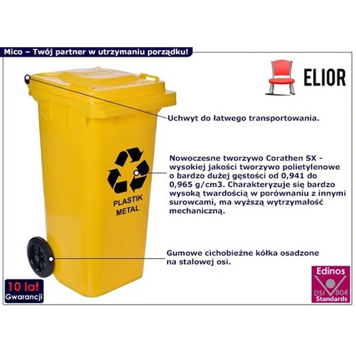 Żółty pojemnik na plastik 120L - Mico Elior One Size Edinos.pl