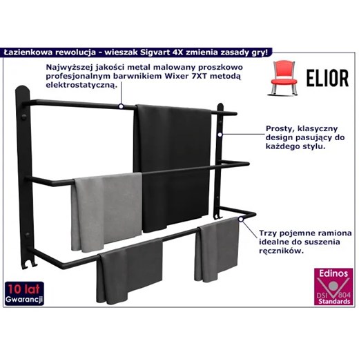Czarny metalowy wieszak łazienkowy - Sigvart 4X Elior One Size Edinos.pl
