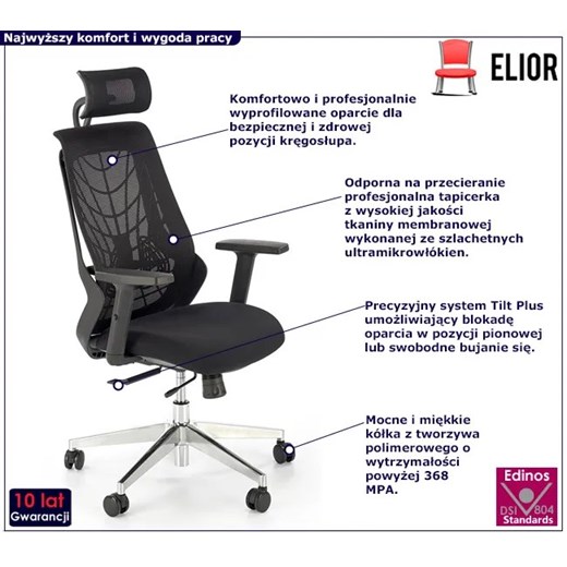 Czarny ergonomiczny fotel obrotowy z regulacją wysokości siedziska - Zynex Elior One Size Edinos.pl