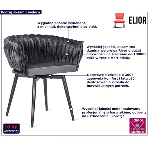 Szare plecione krzesło z obrotowym siedziskiem - Rexi Elior One Size Edinos.pl