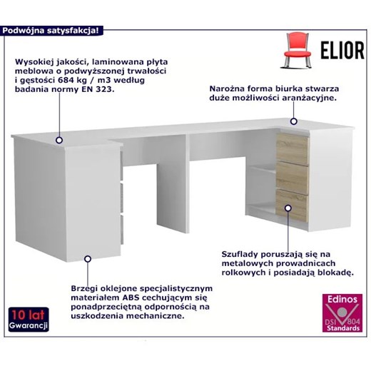 Biurko podwójne komputerowe Hegi białe + dąb sonoma One Size Edinos.pl