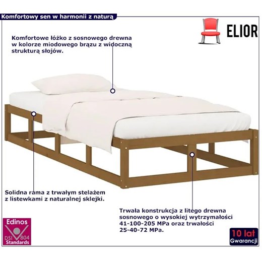Pojedyncze sosnowe łóżko miodowy brąz 90x200 - Kaori 3X Elior One Size wyprzedaż Edinos.pl