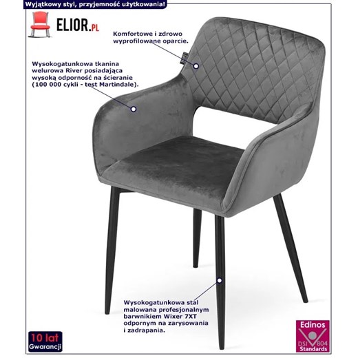 Szare nowoczesne krzesło metalowe welurowe - Rones 3X Elior One Size Edinos.pl