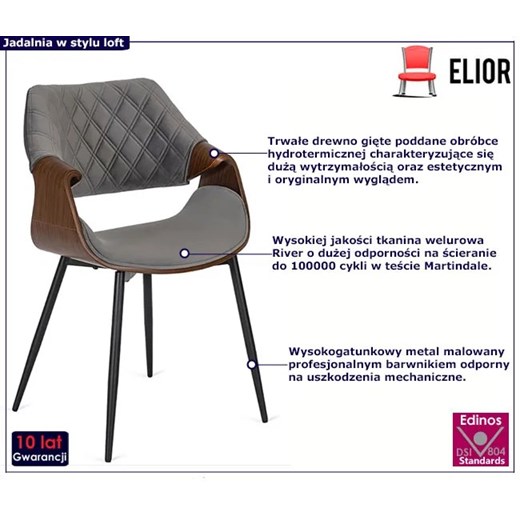 Nowoczesne welurowe krzesło z podłokietnikami szary + orzech - Zerti Elior One Size Edinos.pl