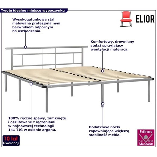 Szare metalowe łóżko małżeńskie 180x200 cm - Mervex Elior One Size Edinos.pl