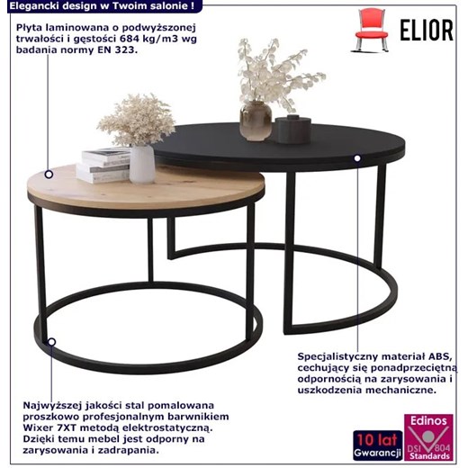 Komplet 2 okrągłych stolików kawowych czarny + dąb artisan - Onrero 3X Elior One Size Edinos.pl