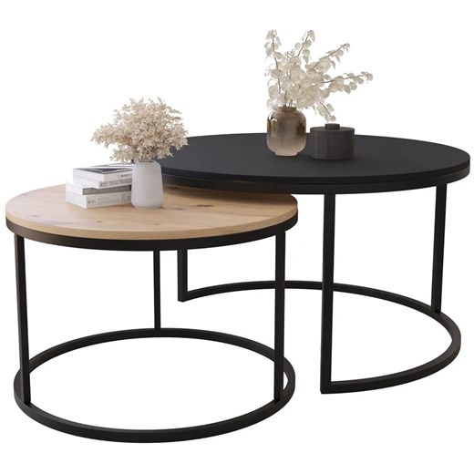 Komplet 2 okrągłych stolików kawowych czarny + dąb artisan - Onrero 3X Elior One Size Edinos.pl