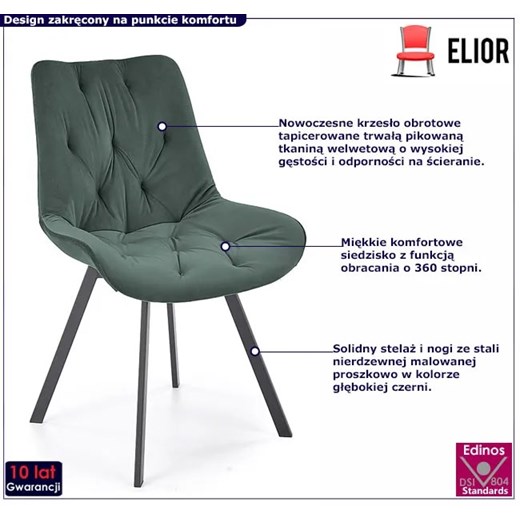 Zielone pikowane krzesło z funkcją obracania - Blubell Elior One Size Edinos.pl